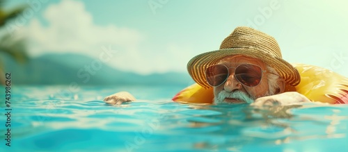 Happy black senior man having party in the swimming pool Active elderly male person sunbathing and relaxing in a private pool during summertime. with copy space image. Place for adding text or design
