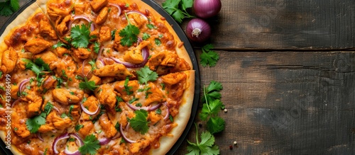 Homemade Indian Chicken Tikka Masala PIzza with Onions and Cilantro. with copy space image. Place for adding text or design