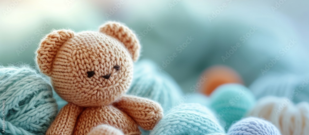 Soft handmade knitted toys at a fair for children close up. with copy space image. Place for adding text or design - obrazy, fototapety, plakaty 