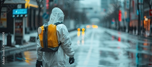Man sprays disinfector onto the railing wearing coronavirus protective suit and equipment Cleaning and sterilizing the not crowded city streets Covid 19 nCov2019 spread prevention photo