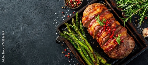 Baked fresh asparagus wrapped in meat and bacon Grilled meatloaf homemade food. with copy space image. Place for adding text or design