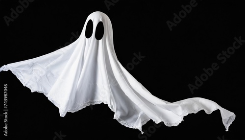 flying halloween ghost in a white sheet png file of isolated cutout object with shadow on transparent background