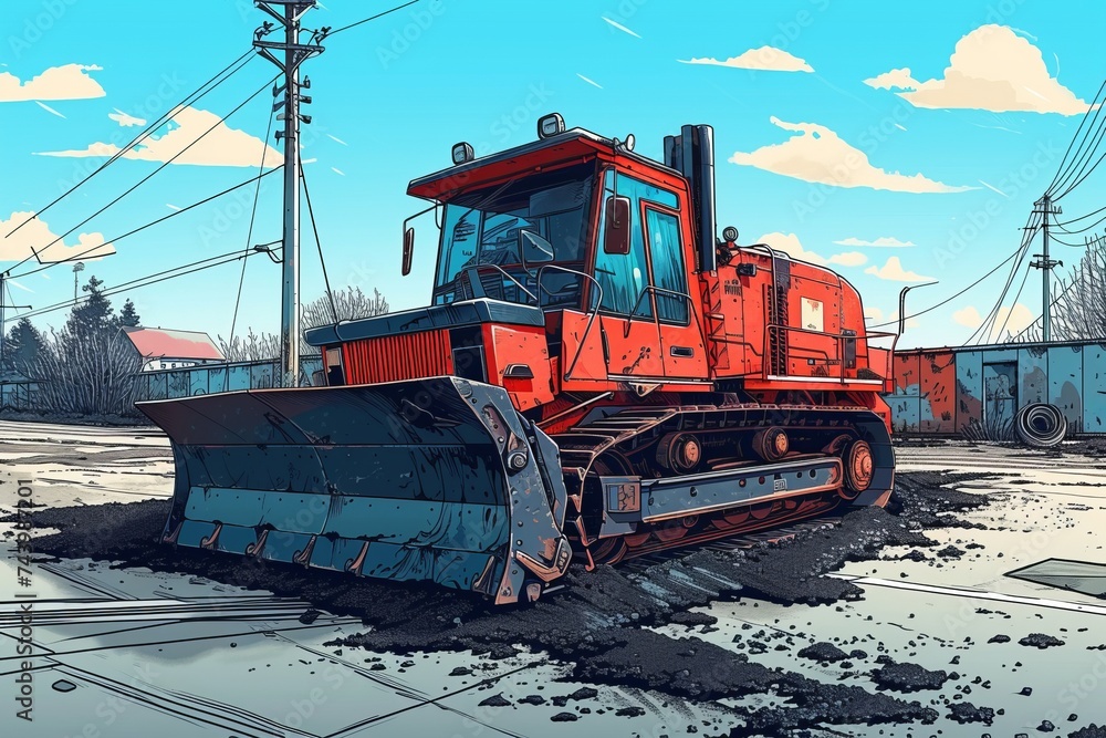 Red Bulldozer Resting on Muddy Road Red Bulldozer Resting on Muddy Road