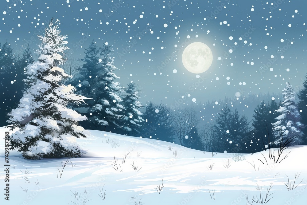 Snowy Night With Full Moon and Trees