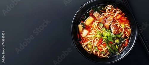 Paste of rice flour Chinese Roll Noodle Soup Kuay Jab with Crispy pork and Seasoning. with copy space image. Place for adding text or design photo