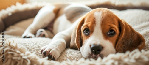 Puppy Diseases Common Illnesses to Watch for in Puppies Sick Beagle Puppy is lying on dog bed on the floor Sad sick beagle at home. with copy space image. Place for adding text or design photo