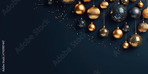 minimalistic design Luxury gold Christmas decorations on dark blue background