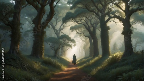 Lone Figure Traversing an Overgrown Path Cutting Through the Heart of a Dense Forest. Brain Rest, Time to Think. Coexistence with Nature. Relaxing in Nature.