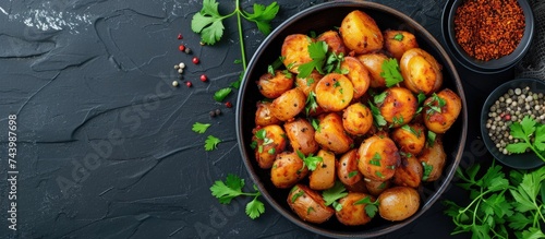 Close up view of bombay potatoes Pan fried little baby potatoes with jeera seeds and coriander in pan Popular indian dish Top view flat lay. with copy space image. Place for adding text or design