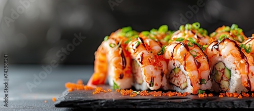 Black tiger prawn sushi topped with seafood. with copy space image. Place for adding text or design