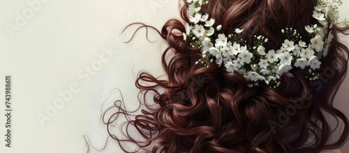 First Holy Communion beautiful festive hairstyle curls and a wreath of white flowers. with copy space image. Place for adding text or design