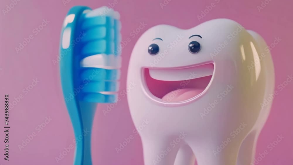 Cute white cartoon tooth hold blue toothbrush with paste in bathroom ...