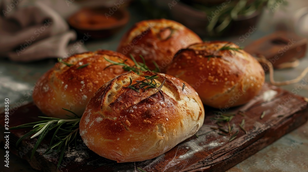 Sourdough bread on a rustic wooden board with rosemary garnish