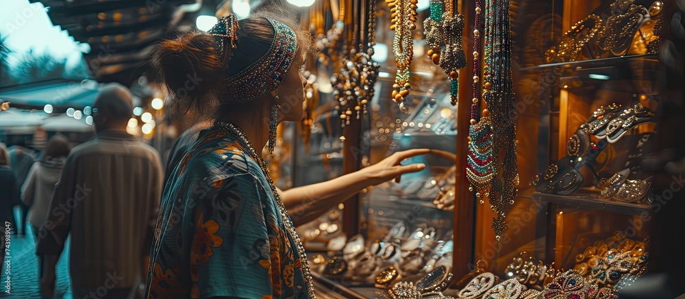 Naklejka premium Side view of customer looking at seller pointing with hand at jewelry in shop. with copy space image. Place for adding text or design