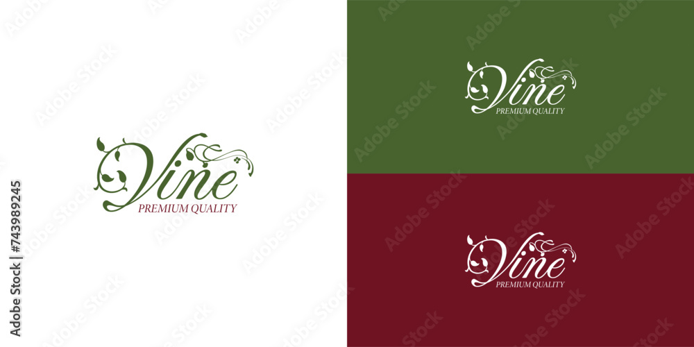 Vine typography with Ivy leaf logo design presented with multiple white, red, and green background colors. The logo is suitable for gardening and restaurant logo design inspiration templates. Vine typography with Ivy leaf logo design presented with multiple white, red, and green background colors. The logo is suitable for gardening and restaurant logo design inspiration templates.