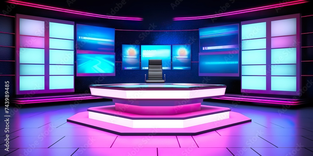 minimalistic design Studio interior for news broadcasting, vector empty placement with anchorman table on pedestal, digital screens for video presentation and neon glowing illumination. Realistic 3d - obrazy, fototapety, plakaty 