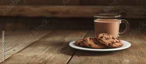 Cookies with pieces of chocolate in white plate teaspoon on checkered napkin cocoa with milk in transparent glass cup on wooden table Top view. with copy space image. Place for adding text or design photo