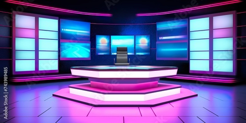 minimalistic design Studio interior for news broadcasting, vector empty placement with anchorman table on pedestal, digital screens for video presentation and neon glowing illumination. Realistic 3d photo