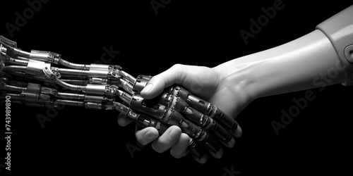 minimalistic design Robot and human hands pointing to each other, the idea of creating futuristic AI, intelligent systems