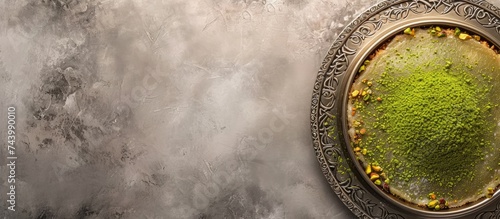 Middle eastern sweets kunefe kunafa kadayif with pistachio Turkish arabic traditional dessert. with copy space image. Place for adding text or design photo