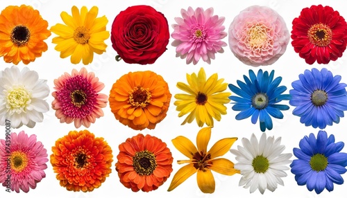 big collection of various head flowers orange yellow pink blue and red isolated on white background perfectly retouched full depth of field on the photo top view flat lay © RichieS