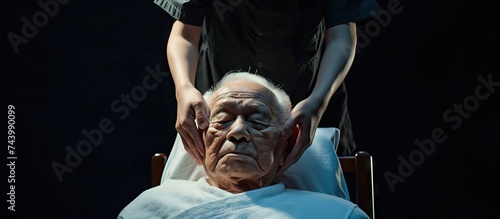 A man who massages and a Japanese senior man who receives treatment. with copy space image. Place for adding text or design