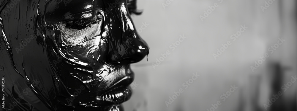 person covered in dark oil over a white background, with copy space person covered in dark oil over a white background, with copy space