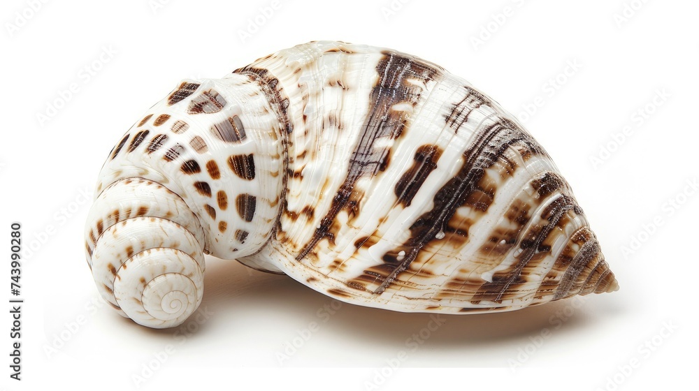 big spiral-striped seashell, isolated on white. Ideal for expressing the textured details and exotic beauty of marine shells