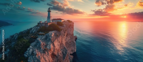 Lighthouse on the mountain peak at colorful sunset in summer Aerial view Beautiful lighthouse on the rock cliffs sea and sky with pink and purple clouds Top view of Cape Lefkada Greece Beacon