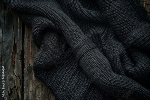 black wool fabric draped over a dark wood background