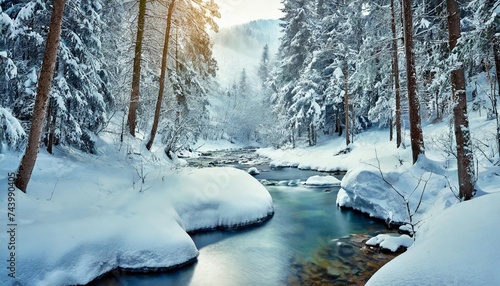winter landscape view of a mountain river in a winter forest after a snowfall created using tools © RichieS