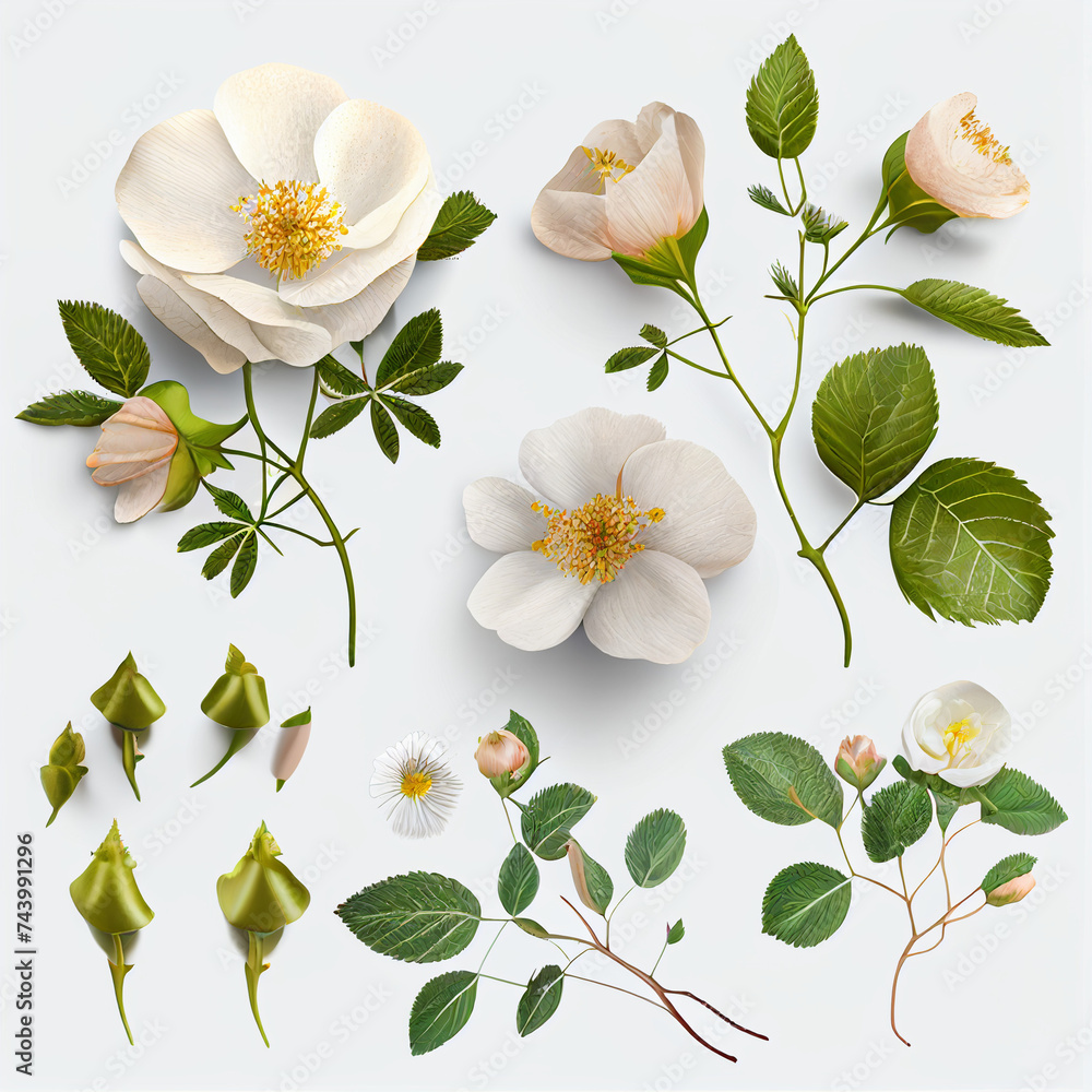 Fototapeta premium Set collection of delicate wild roses, flowers, buds and a leaf, isolated over a transparent background, Ai generated image