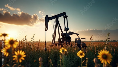 Oil rig operates efficiently in spring field with flowers on sunset. energy production from natural resources during evening