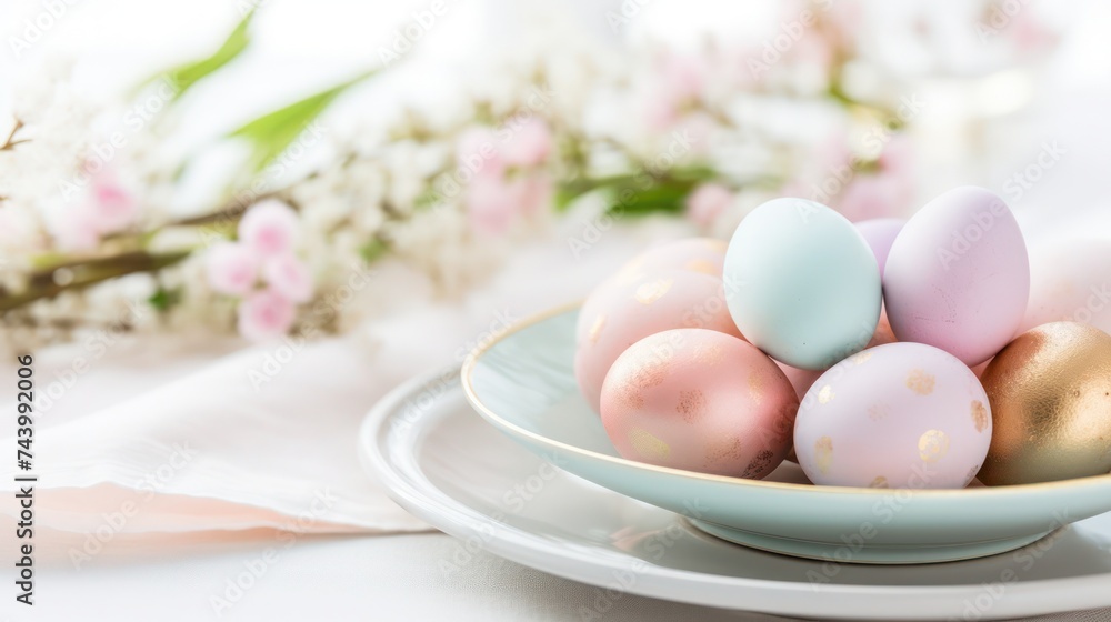 Easter eggs in pastel colors and spring flowers on a white background Easter eggs in pastel colors and spring flowers on a white background