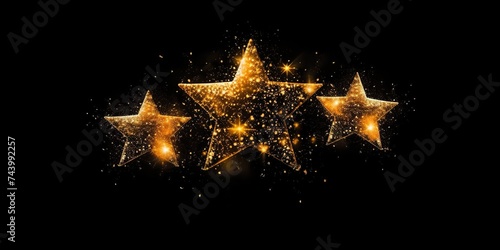 minimalistic design three gold stars on a black background with sparkles and stars