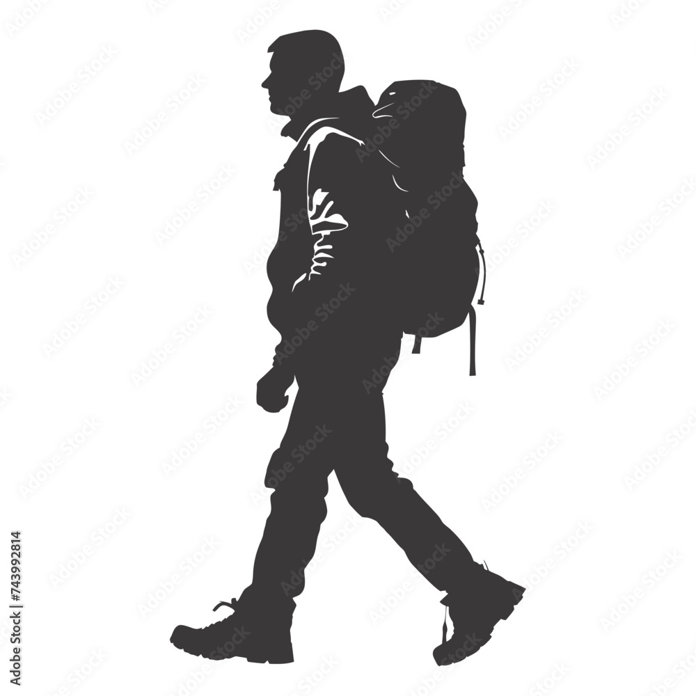 Silhouette hiking man black color only full body