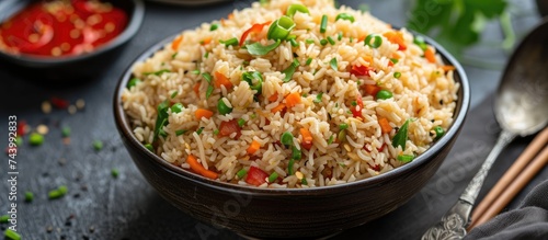 A bowl filled with delicious pilaf, prepared in a big wok, showcasing a perfect blend of flavors with peas and carrots.