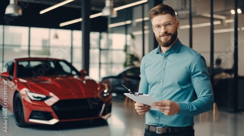 An experienced smiling sales consultant wears a shirt, holds documents and papers in his hands against the background of various cars in the showroom. Buying and Selling cars, Selling on Credit.