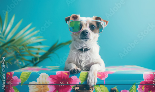 fluffy dog with trendy sunglasses preparing for a summer vacation with a bright suitcase © Klay