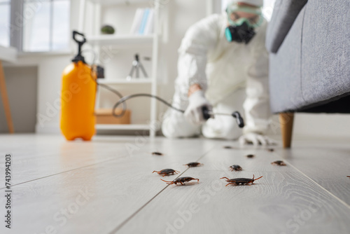 Foto Pest control guy exterminating home insects