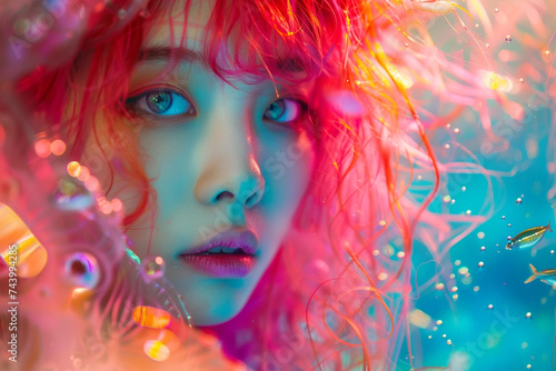 Fantasy fashion korean model under water. Pink hair mermaid