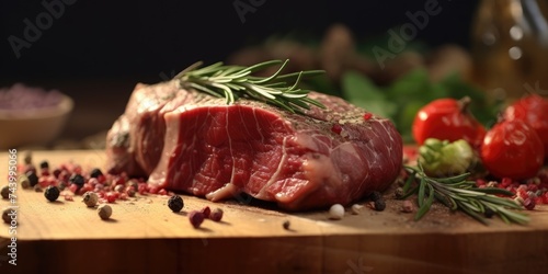 Fresh raw meat on a wooden background. Natural spices. Generative AI