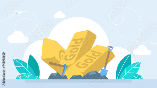 The concept of wealth, money, luck, success. Old gold mine. The pickaxe hits the gold ingot. Cartoon pickaxe, shovel with golden ingot. Success and luck concept. Flat vector illustration