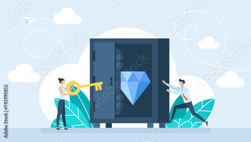 The diamond is hidden in a safe. Tiny people keep talent. Bank vault, safe depository box infographic concept. Man puts diamond valuables to depositary. Vector illustration 
