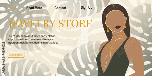 Fashion banner for online jewelry store. Elegant girl with earring and floral background