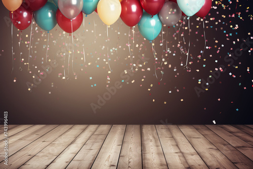 Colorful balloons and confetti against brown background, Ai Generated