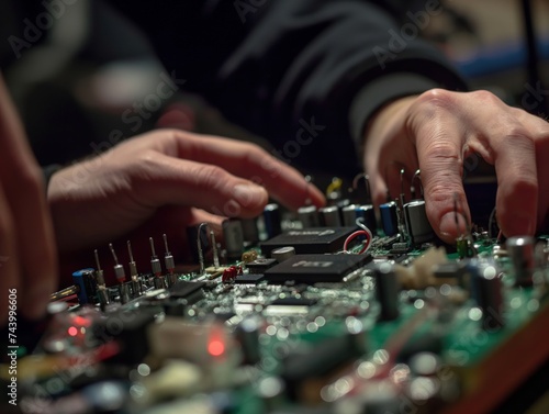 Close-up of hands assembling electronic components for a prototype in a hardware startup