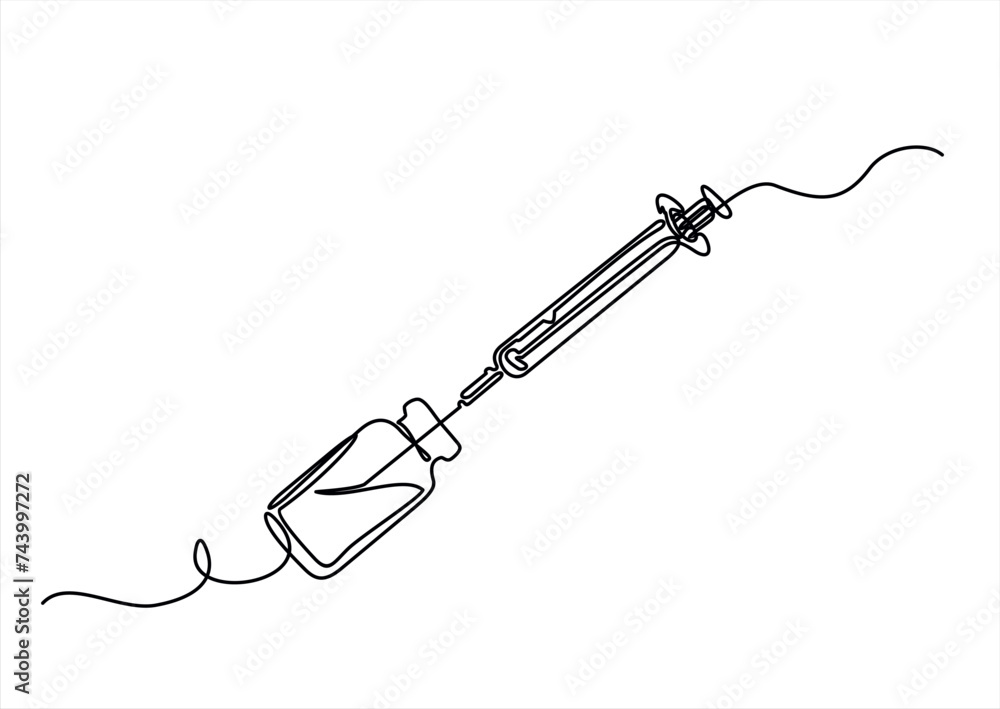 One continuous line drawing of medicine of syringe and vial. Pharmaceutical components and vaccine symbol in a simple linear style. Doodle outline vector illustration One continuous line drawing of medicine of syringe and vial. Pharmaceutical components and vaccine symbol in a simple linear style. Doodle outline vector illustration