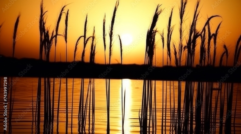 Breathtaking sunset view over lake through elegant stems with graceful panicles - obrazy, fototapety, plakaty 