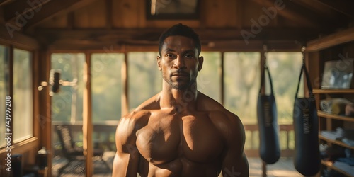 Experienced Black man with boxing physique poses confidently in sunlit home gym. Concept Fitness, Home Gym, Photoshoot, Black Man, Confidence